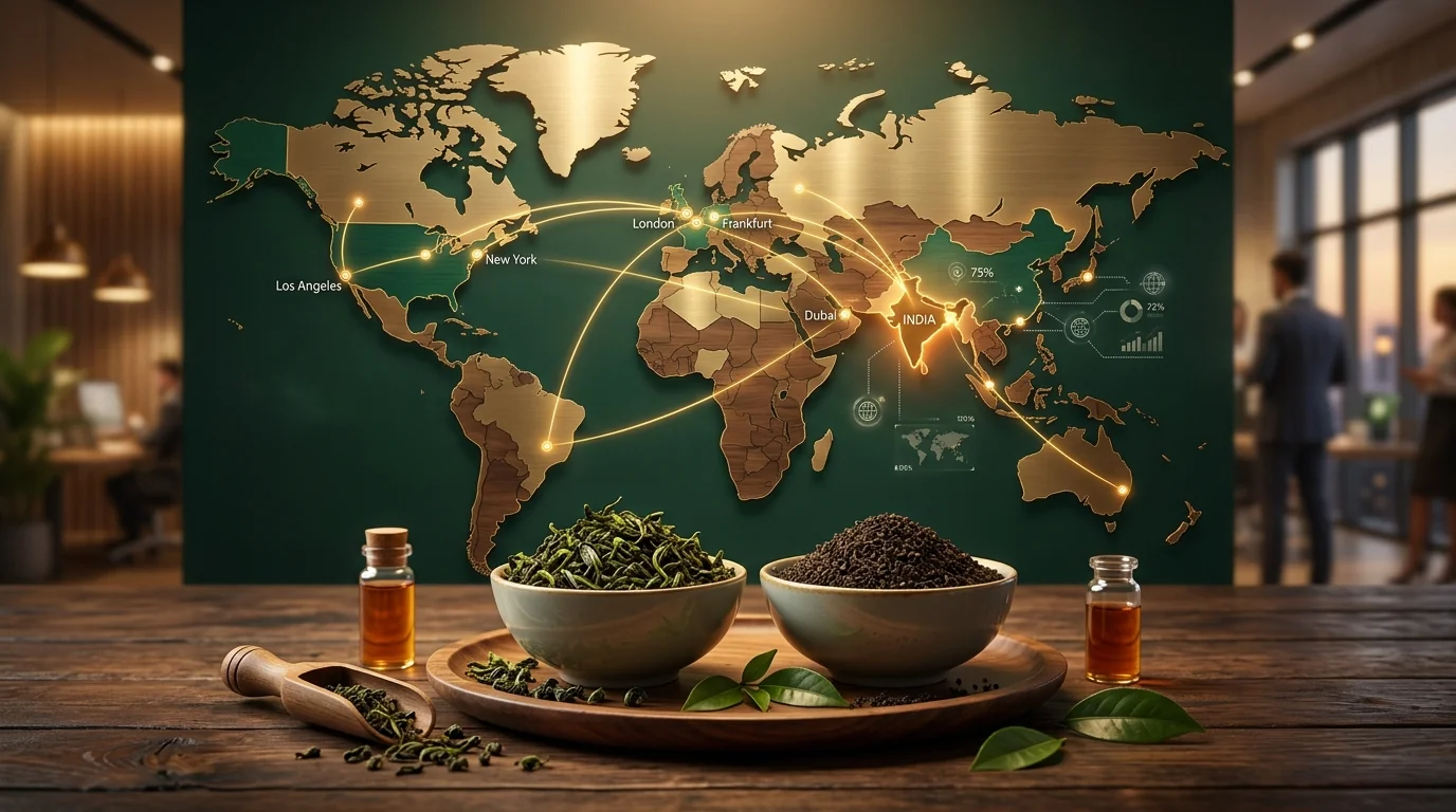 Premium tea leaves with global trade route overlay from Kolkata