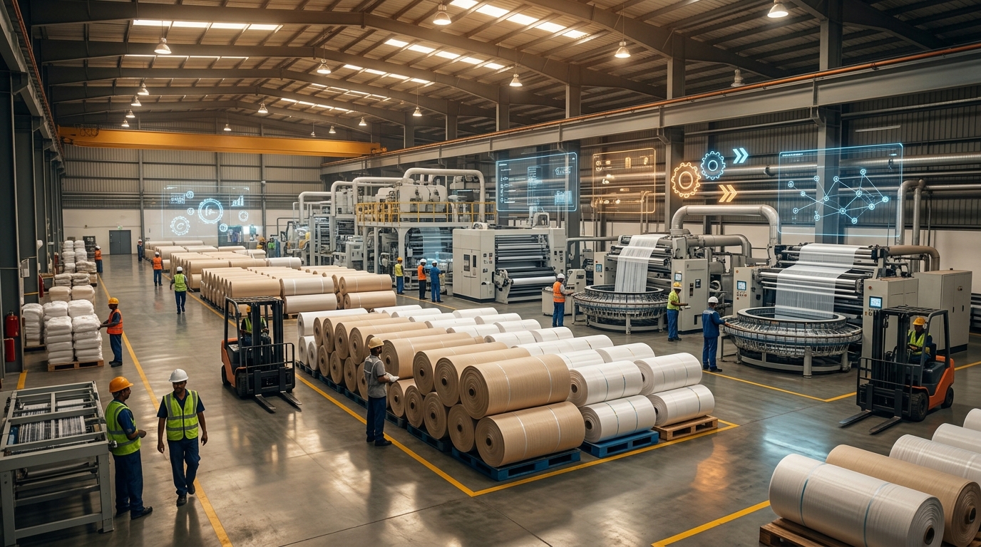 Modern polymer manufacturing facility with stacked PP woven bags and fabric rolls, overlaid with a subtle AI workflow automation visualization showing autonomous bots handling business processes.