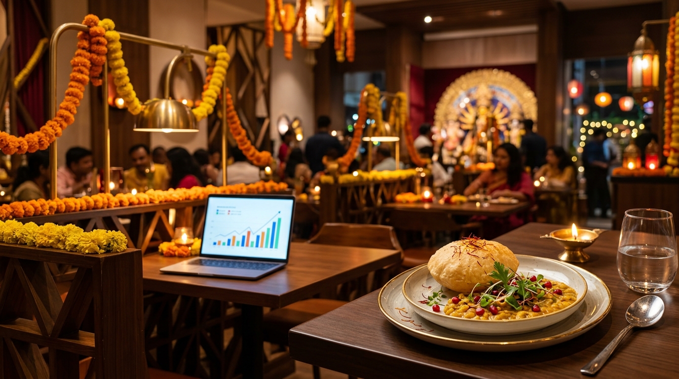 Elegant Kolkata restaurant interior adorned with Durga Puja marigold decorations and warm festive lighting, with a beautifully plated Indian dish in the foreground and digital marketing analytics visible in the background.