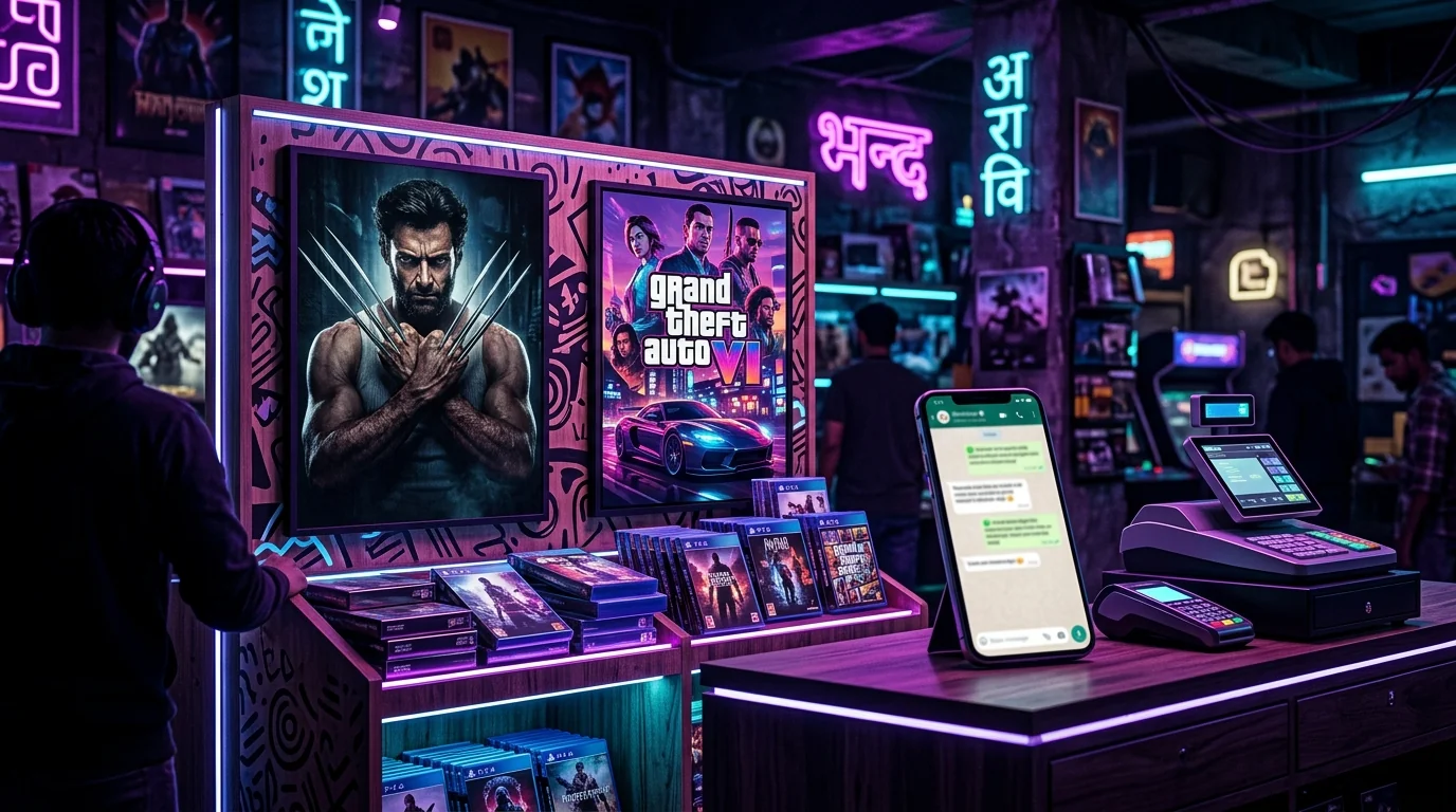 Gaming retail store display with Wolverine and GTA VI pre-order artwork