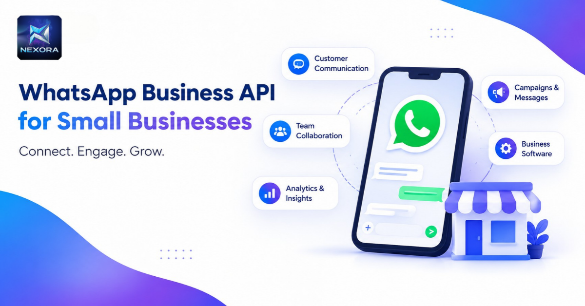 Smartphone displaying the WhatsApp Business API with floating feature icons and text reading WhatsApp Business API for Small Businesses.